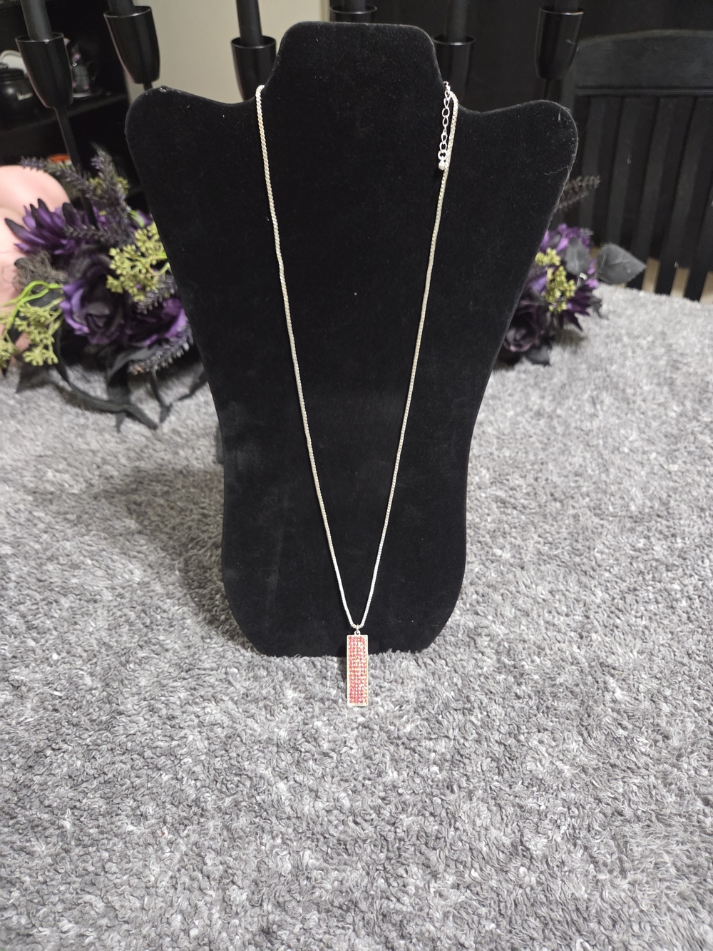 Silver Necklace with Pink Crystal Bar Pendant - Women Jewelry